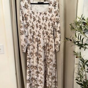 Mikarose Cream Floral Smocked Long Sleeve Midi Dress